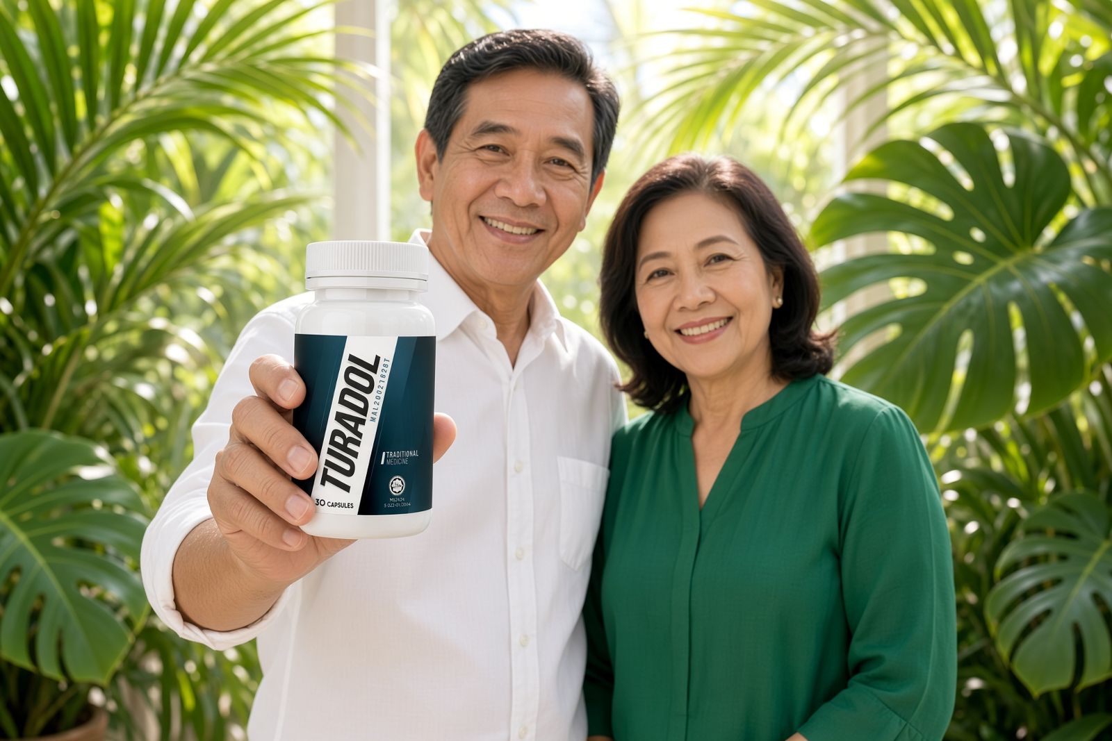 Pasangan memegang botol Turadol di taman