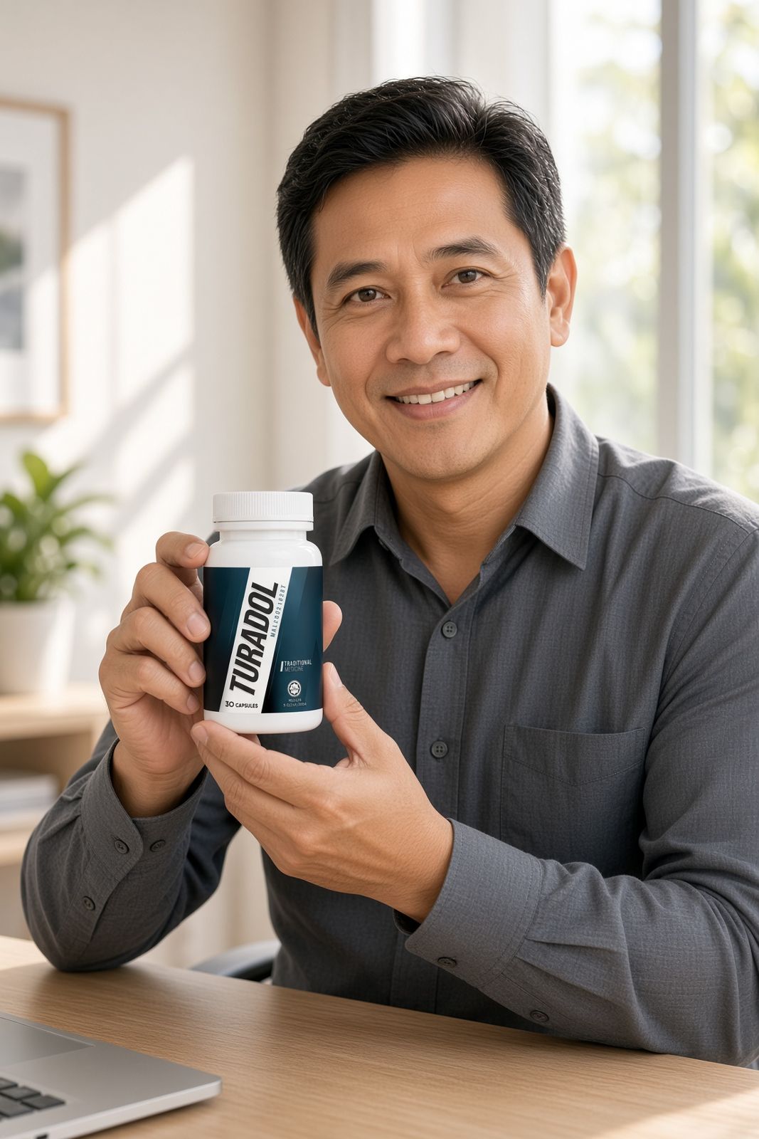 Lelaki di pejabat memegang botol Turadol